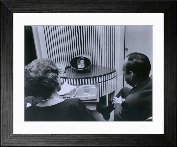Framed Print : ATT inauguration of the picture phone, showing First Lady, Lady Bird Johnson on the receiver screen in 1964. The picture phone was never developed for the consumer market