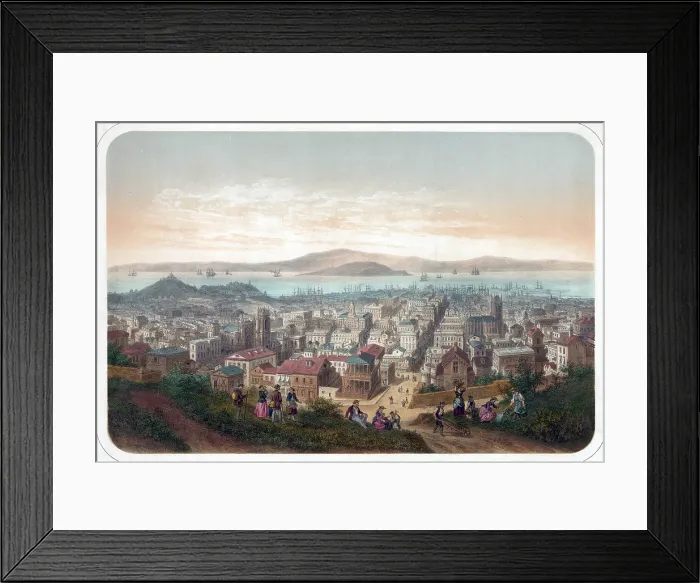 Framed Print : View of San Francisco, with people on foreground hill, and ships in bay. Ca. 1860