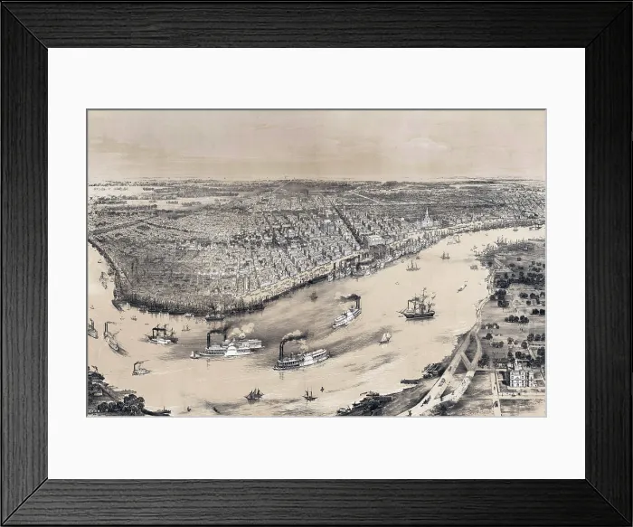 Framed Print : Birds eye view of New-Orleans in 1851, with dense riverboat traffic on the Mississippi River Framed Print : Birds eye view of New-Orleans in 1851, with dense riverboat traffic on the Mississippi River