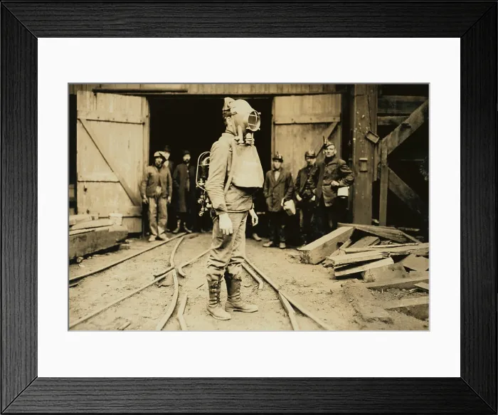 Framed Print : Man equipped with Draeger Oxygen Helmet, about to enter a coal mine in Pennsylvania. January 1911 photo by Lewis Hine Framed Print : Man equipped with Draeger Oxygen Helmet, about to enter a coal mine in Pennsylvania. January 1911 photo by Lewis Hine