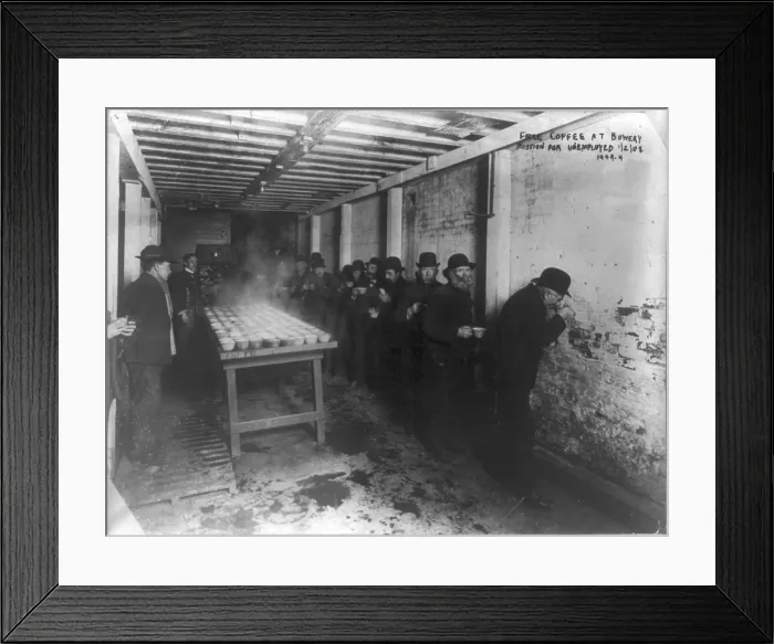 Framed Print : New York City, the Bowery, text reads: Free coffee at Bowery Mission for unemployed 1 / 2 / 08, circa 1908
