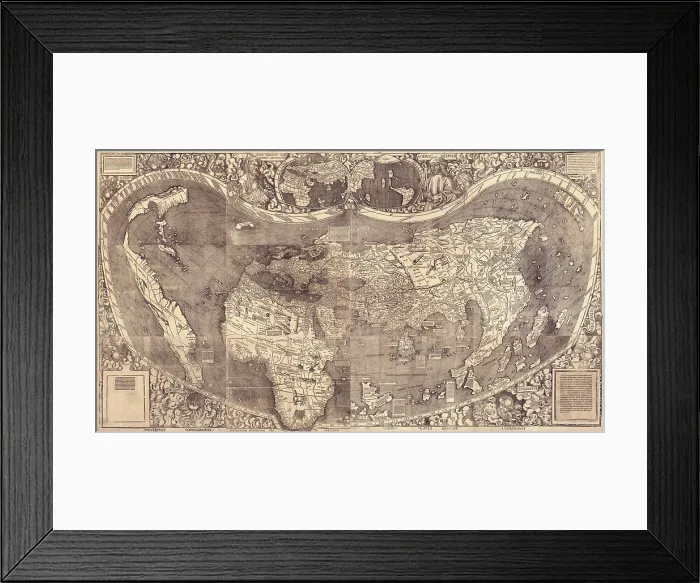 Framed Print : 1507 World map by Waldseemuller, incorporating Columbus discovery of new lands, and using the name, 'America' for the first time