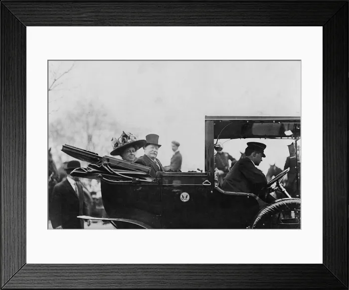 Framed Print : President William Taft (1857-1930) and First Lady, Helen Taft, seated in the back of an open convertible automobile in 1909 Framed Print : President William Taft (1857-1930) and First Lady, Helen Taft, seated in the back of an open convertible automobile in 1909
