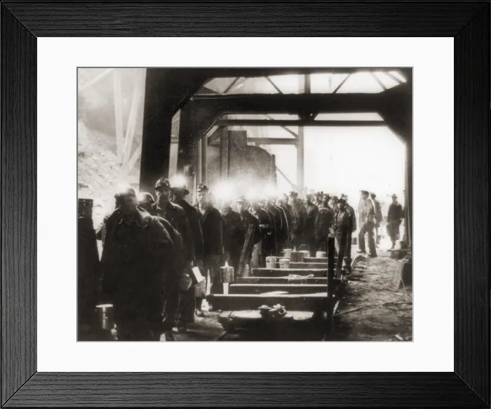 Framed Print : Soft coal miners, their lamps glowing on their caps, enter the Haveco Mine near Welsh, West Virginia ending the 1948 strike