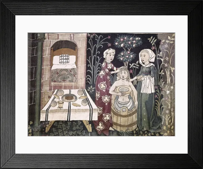 Framed Print : Tapestry depicting a bath scene of the Prodigal Son. 1460-1470. German School. Tapestry. GERMANY. Nremberg. Germanisches Nationalmuseum (German National Museum) Framed Print : Tapestry depicting a bath scene of the Prodigal Son. 1460-1470. German School. Tapestry. GERMANY. Nremberg. Germanisches Nationalmuseum (German National Museum)