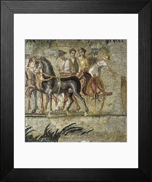 Framed Print : Mosaic with circus scene. 310. Roman art. Late Empire. Mosaic. SPAIN. Barcelona. Archaeology Museum of Catalonia. Proc: SPAIN. Barcelona