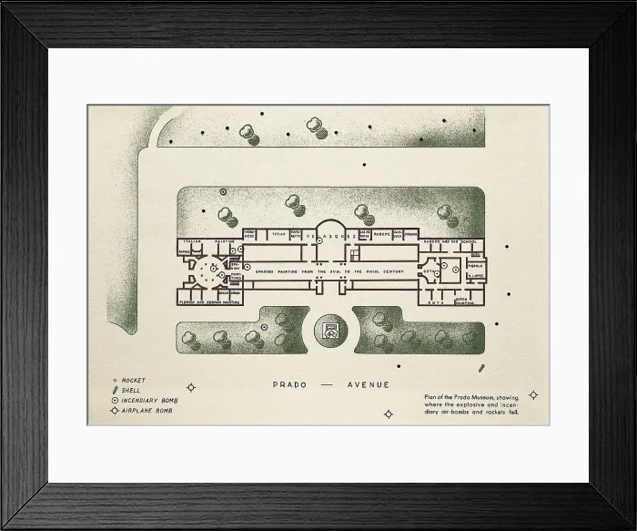 Framed Print : Spanish Civil War (1936-1939). Map of the Prado Museum indicating where the bombs exploded. AISA / Everett Collection (103126)**US SALES ONLY** Framed Print : Spanish Civil War (1936-1939). Map of the Prado Museum indicating where the bombs exploded. AISA / Everett Collection (103126)**US SALES ONLY**