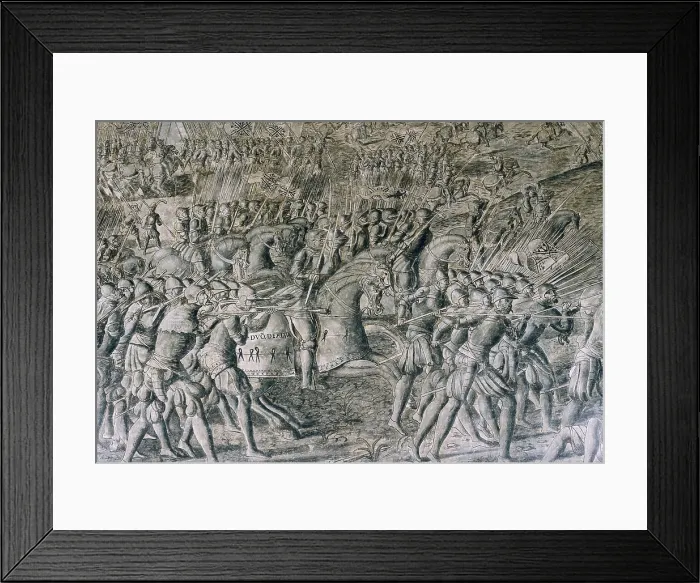 Framed Print : Battle of the Saxon Wars, Emperor CharlesV's military campaigns against Protestant princes, 16th c. Duke of Alva is mentioned. Detail. Gothic art. Fresco. SPAIN. Pamplona