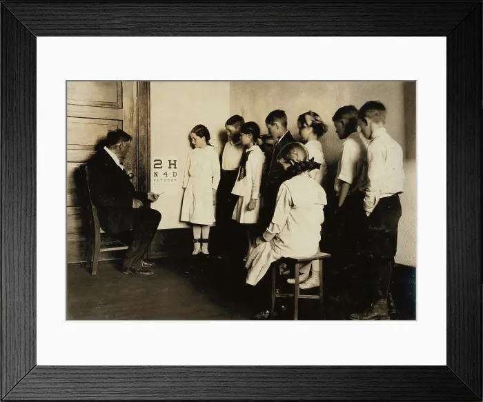 Framed Print : Medical inspection and eye tests, grade 5 of Washington School, Lawton, Oklahoma, photograph by Lewis Wickes Hine, April, 1917
