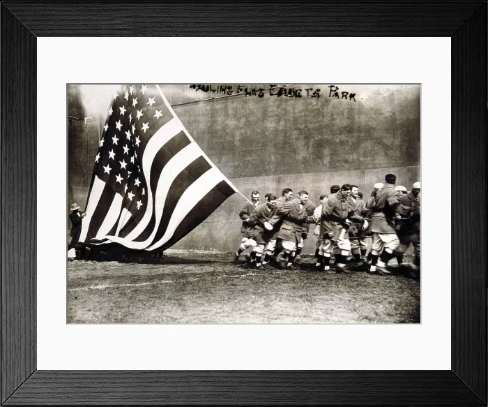 Framed Print : Old Glory. Group of men raising large American flag on opening day of the 1914 baseball season, in Ebbets Field, NY, April 14, 1914 Framed Print : Old Glory. Group of men raising large American flag on opening day of the 1914 baseball season, in Ebbets Field, NY, April 14, 1914