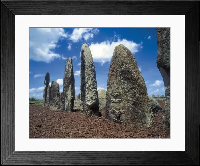 Framed Print : ETHIOPIA. OROMIA. Sodo. Tiya. Carved stelae (2nd-1st millenium BC), originally erected as funeral monuments. Relief on rock Framed Print : ETHIOPIA. OROMIA. Sodo. Tiya. Carved stelae (2nd-1st millenium BC), originally erected as funeral monuments. Relief on rock