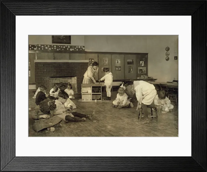 Framed Print : Kindergarten children in Horace Mann School working on doll houses, Tulsa, Oklahoma, photograph by Lewis Wickes Hine, March, 1917