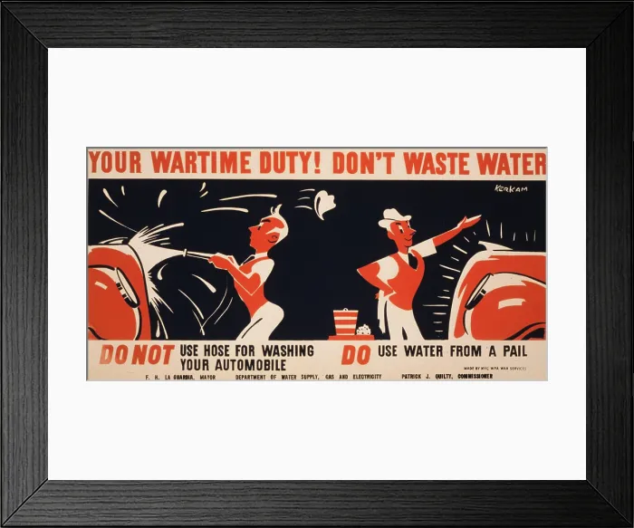 Framed Print : World War II, Poster for a New York City campaign to conserve water, showing a man washing his car. poster by Earl Kerkam, circa 1941-1943