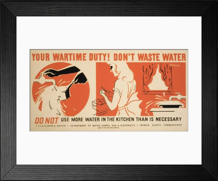 Framed Print : World War II, Poster for a New York City campaign to conserve water, showing a woman cleaning a pan and preparing food. poster by Earl Kerkam, circa 1941-1943
