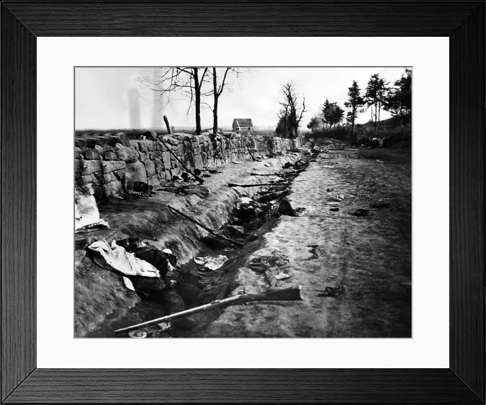 Framed Print : Confederate dead behind the stone wall of Marye's Heights, Fredericksburg, Virginia, killed during the Battle of Chancellorsville, 1863