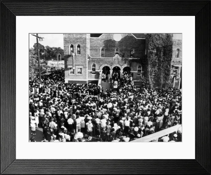 Framed Print : Thousands of people crowd around the church where the funeral of three of the four girls killed in a church bombing is being held, Birmingham, Alabama, 1963