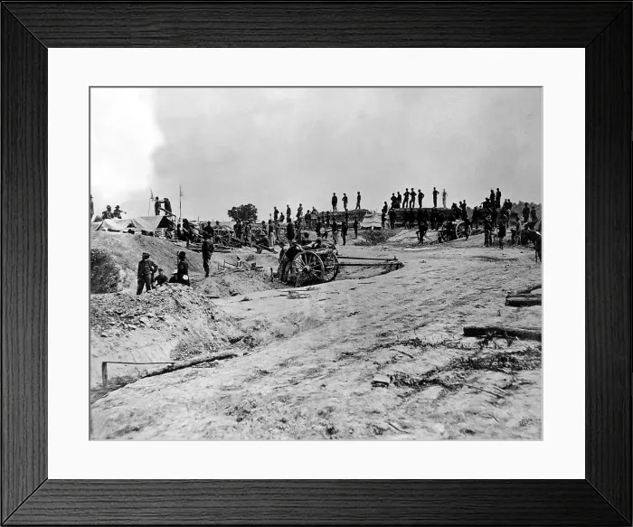 Framed Print : CIVIL WAR-Photo shows Mathew B. Brady, famed Civil War photographer, in civilian clothers at the left with a Union artillery unit at Petersburg, Va