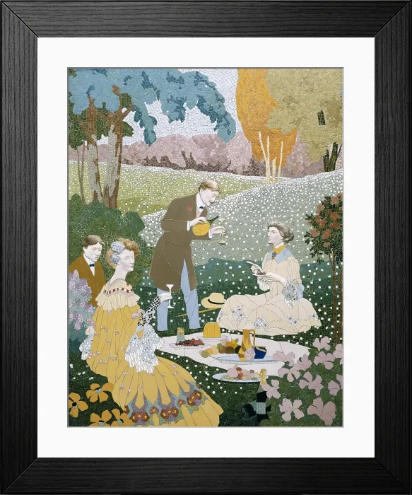 Framed Print : PEY I FARRIOL, Josep (1875-1956). Picnic in countryside. Decorative panel. c. 1905 - 1906. Mosaic, ceramics and tiles fragments from Valencia