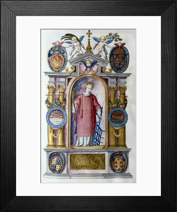 Framed Print : SPAIN. San Lorenzo de El Escorial. Royal Monastery of San Lorenzo de El Escorial. Veracity of the Relic of Saint Lawrence. Miniature of the period of Philip II. Renaissance art Framed Print : SPAIN. San Lorenzo de El Escorial. Royal Monastery of San Lorenzo de El Escorial. Veracity of the Relic of Saint Lawrence. Miniature of the period of Philip II. Renaissance art