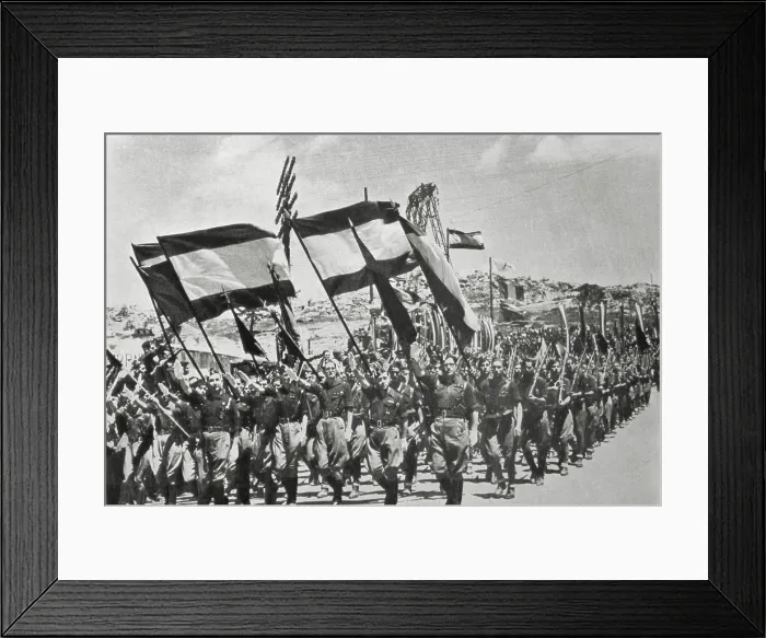 Framed Print : Spanish Civil War (1936-1939). Parade of a column of Falange in Alto de los Leones, commemorating the battles of Guadarrama of 1938. AISA / Everett Collection**US SALES ONLY** Framed Print : Spanish Civil War (1936-1939). Parade of a column of Falange in Alto de los Leones, commemorating the battles of Guadarrama of 1938. AISA / Everett Collection**US SALES ONLY**
