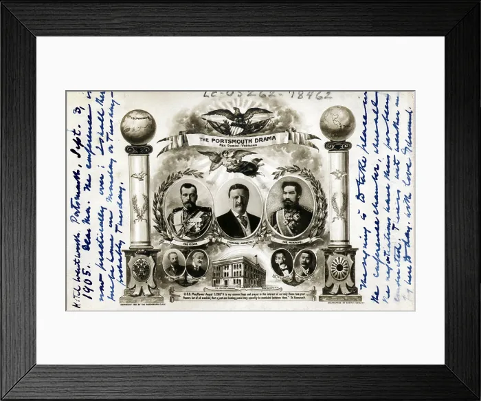 Framed Print : Postcard celebrating the signing of the Portsmouth Peace Treaty with portraits of President Theodore Roosevelt, Czar Nicholas II, the Mikado, Count Sergei Witt, Baron de Rosen Framed Print : Postcard celebrating the signing of the Portsmouth Peace Treaty with portraits of President Theodore Roosevelt, Czar Nicholas II, the Mikado, Count Sergei Witt, Baron de Rosen