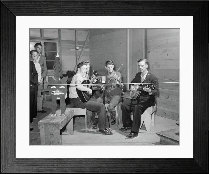 Framed Print : String band playing at Saturday night dance with a kitty for contributions, Tulare migrant camp. Visalia, California, March 1940