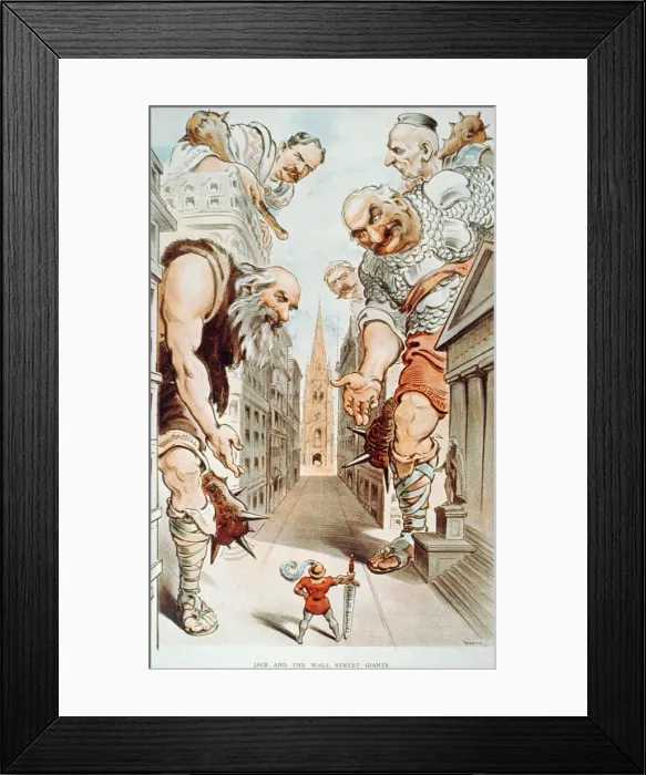 Framed Print : Cartoon depicts President Theodore Roosevelt as Jack, in 'Jack and the Wall Street Giants, ' because of his anti-trust policies aimed at big business and monopolies