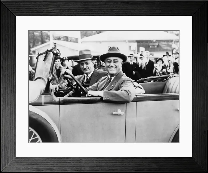 Framed Print : President Franklin D. Roosevelt driving with passenger Treasury Secretary, Henry Morganthau in Warm Springs, Georgia November 25, 1933