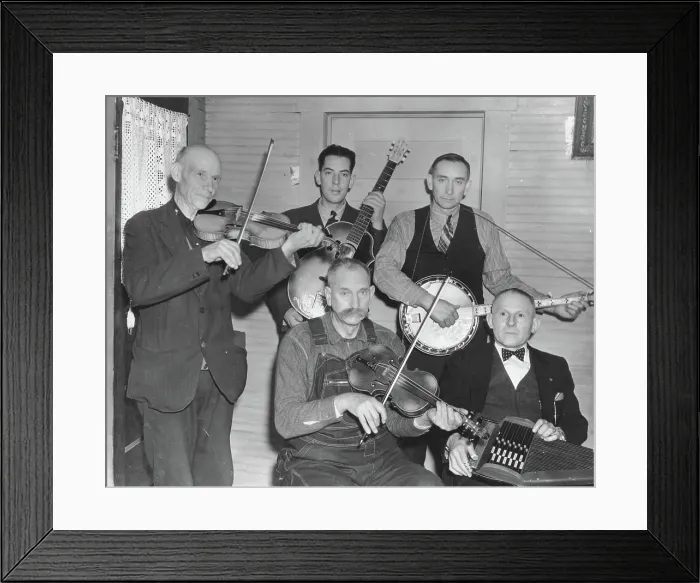 Framed Print : Members of the Bog Trotters Band posed holding their instruments, Galax, Va, 1937