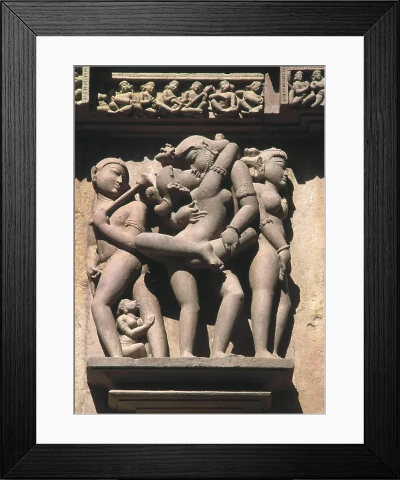 Framed Print : INDIA. MADHYA PRADESH. Khajraho. Hindu Temple of Lakshmana, 10-11th c. Frieze with erotic scenes. Related teachings of the 'Kamasutra'. Hindu art. Sculpture on rock Framed Print : INDIA. MADHYA PRADESH. Khajraho. Hindu Temple of Lakshmana, 10-11th c. Frieze with erotic scenes. Related teachings of the 'Kamasutra'. Hindu art. Sculpture on rock