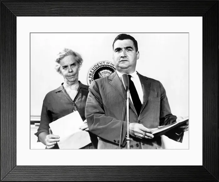 Framed Print : Presidential press secretary Pierre Salinger and Dr. Janet Travell reporting on President Kennedy's health in June 1961 Framed Print : Presidential press secretary Pierre Salinger and Dr. Janet Travell reporting on President Kennedy's health in June 1961
