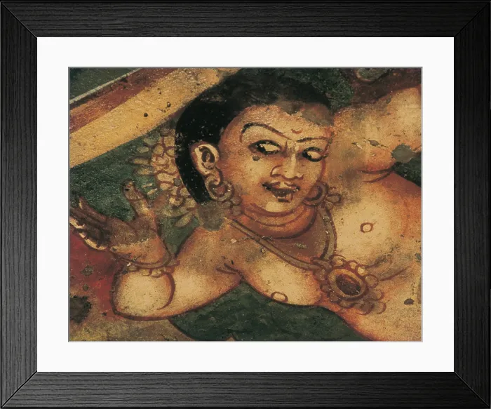 Framed Print : INDIA. Ajanta. Ajanta Caves. Detail with a feminine figure. Wall painting inside the cave n. 2 (5th-6th c.). Hindu art. Gupta period. Painting