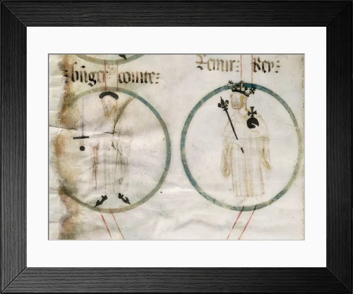 Framed Print : Genealogy of the Crown of Aragon. ca. 1410. Detail of the Kings Ramn Berenguer III and Ramiro II. Gothic art. Miniature Painting. SPAIN. Vimbod. Monastery of Poblet