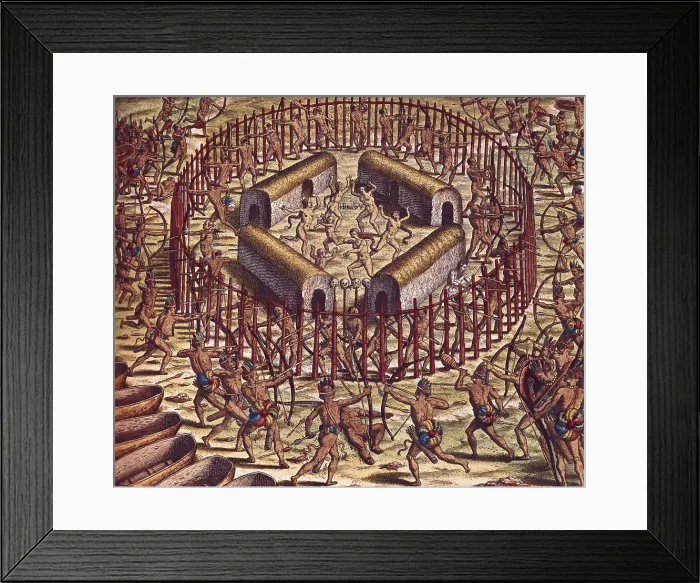 Framed Print : Attack on a village by Tuppinjkinsij Indian clan. Illustration from 'Americae Tertia Pars Memorabile Brasilae', France, s. XVI. Engraving. FRANCE. Paris Framed Print : Attack on a village by Tuppinjkinsij Indian clan. Illustration from 'Americae Tertia Pars Memorabile Brasilae', France, s. XVI. Engraving. FRANCE. Paris