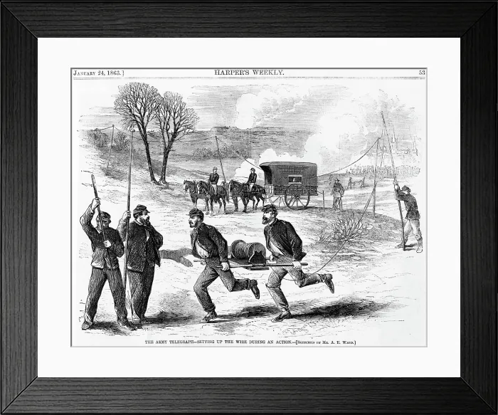 Framed Print : The Civil War. The Army telegraph - setting up the wire during the battle of Fredericksburg, Va. Woodcut by Alfred Waud, Dec. 1862