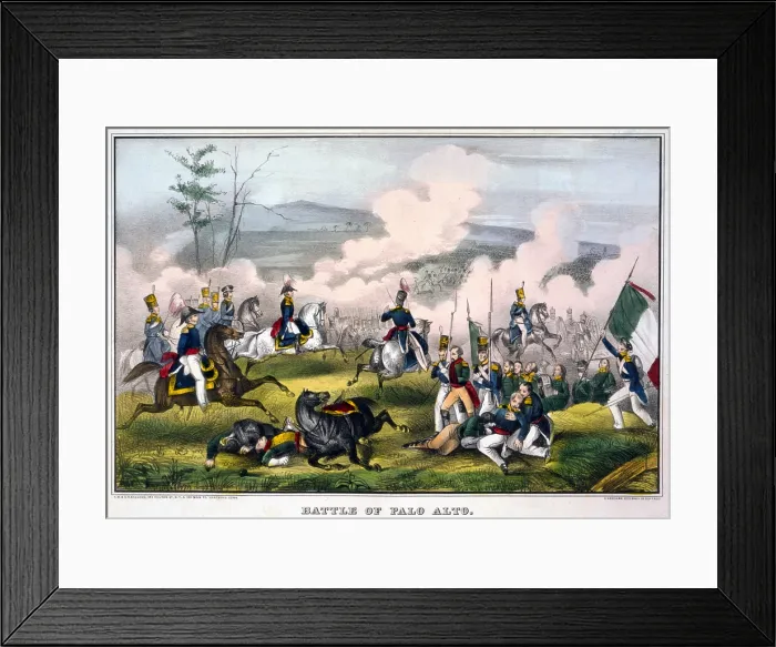 Framed Print : Mexican-American War. Battle of Palo Alto--May 8th 1846, between 2900 Americans, under Genl. Taylor, and 6000 Mexicans, commanded by Genl. Arista. Color Lithograph, E.B. & E.C