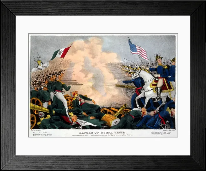 Framed Print : Mexican-American War. Battle of Buena Vista--Fought February 23d, 1847--The American Army under Genl. Taylor were completely victorious. Color Lithograph, James Bailie, 1847