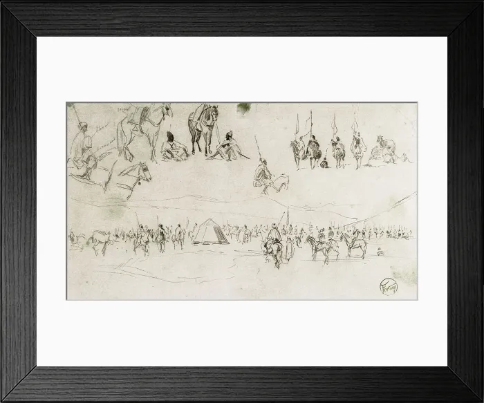 Framed Print : FORTUNYMariano (1838-1874). Landscape with Spanish military men and figures of Moors. 1859 - 1860. Sketches of the War of Africa. Romanticism. Drawing. SPAIN. Reus