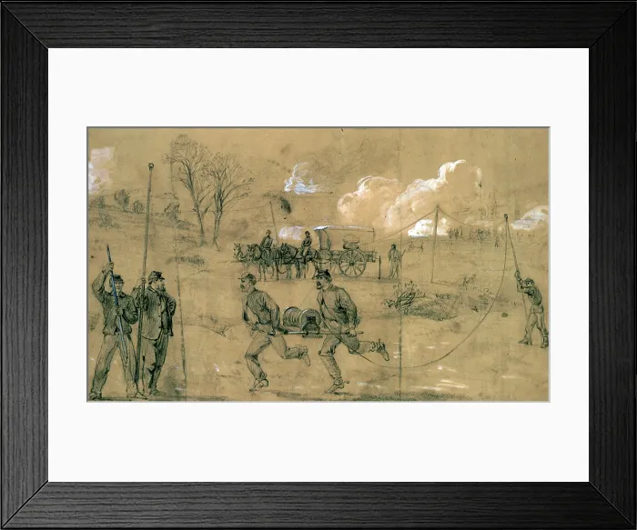 Framed Print : The Civil War. The Army telegraph - setting up the wire during the battle of Fredericksburg, Va. Pencil drawing by Alfred Waud, Dec. 1862 Framed Print : The Civil War. The Army telegraph - setting up the wire during the battle of Fredericksburg, Va. Pencil drawing by Alfred Waud, Dec. 1862