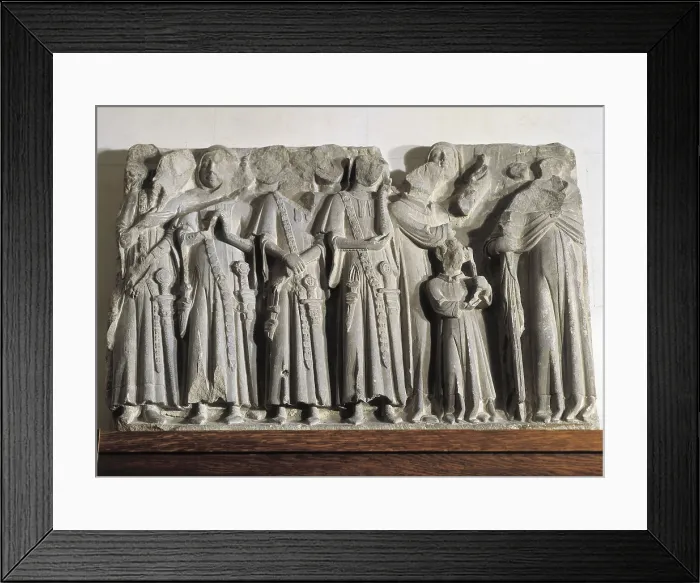 Framed Print : Funerary Relief. 1345 - 1350. Attributed to Pere Seguer. Gothic art. Relief. SPAIN. Barcelona. Frederic Mares Museum. Proc: SPAIN. Lerida. Seu Vella or Old Cathedral