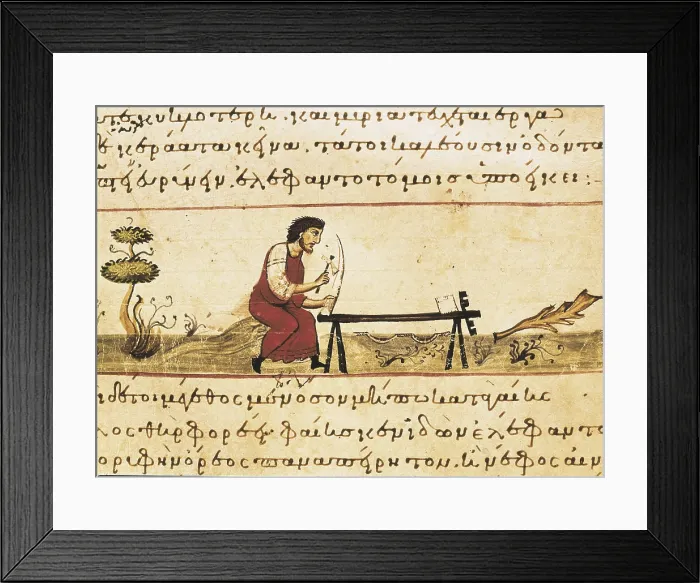 Framed Print : Cynegetica: treatise on hunting and fishing by Oppianus. Greek school (11th c.). Farming works: beating olivespicking honey and killing a lamb. Romanesque art. Miniature Painting