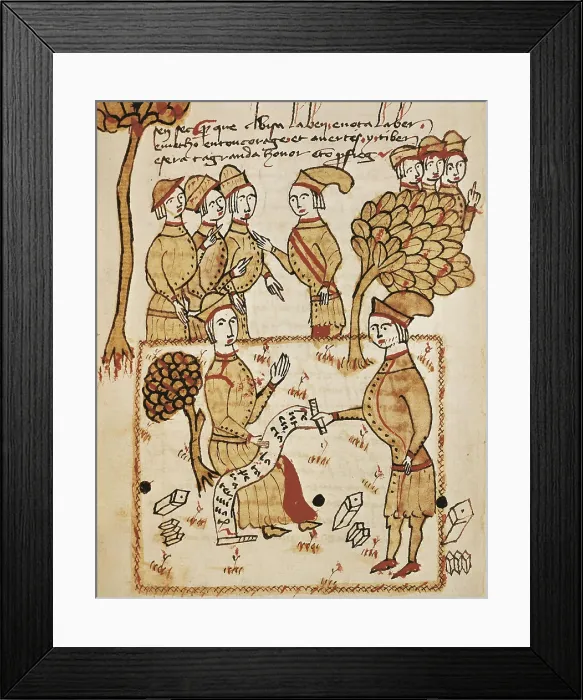 Framed Print : Treatise on Surveying' by Arnau de Vilanova (Arnaud de Villeneuve). Mss. 327fol. 197r with a picture by Bertrand Boysset: Surveyor in a field. Gothic art. Miniature Painting
