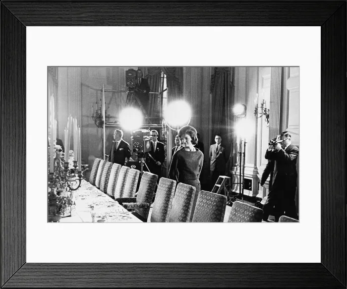 Framed Print : Jacqueline Kennedy and television crew in the State Dining Room of the White House, during filming of her famous TV tour of the newly refurbished executive mansion. Jan 15, 1962