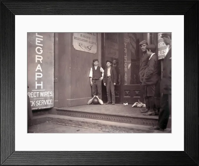 Framed Print : Child labor, bowling alley boys, from original caption: Many of these work until late at night. New Haven, Connecticut, photograph by Lewis Wickes Hine, March, 1909