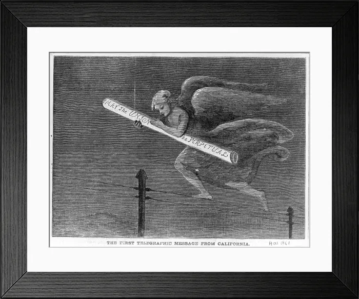 Framed Print : Telegraph. Woodcut of the first transcontinental telegraphic message from California. Angel carrying telegram, May the Union be Perpetual, on telegraph wires Framed Print : Telegraph. Woodcut of the first transcontinental telegraphic message from California. Angel carrying telegram, May the Union be Perpetual, on telegraph wires