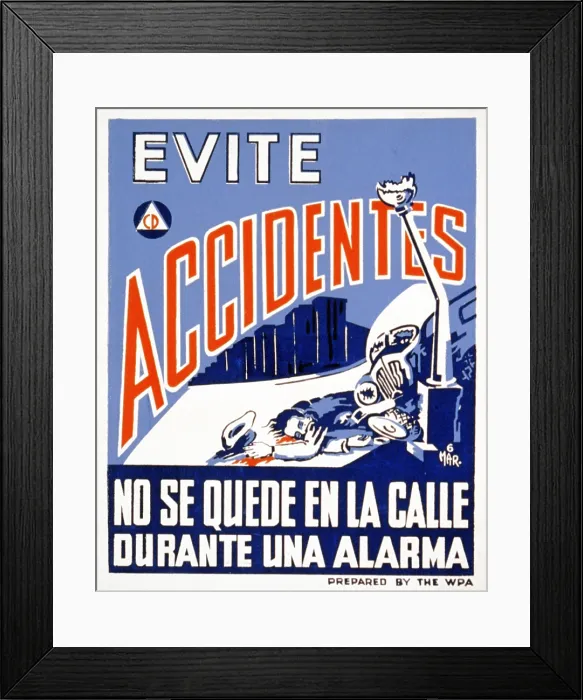 Framed Print : World War II, poster showing a man lying on the sidewalk next to an automobile crashed into a lamp post
