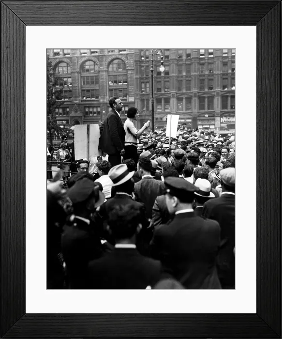 Framed Print : June Croll addresses a crowd of communists at City Hall Park in New York City. They presented a petition to the Board of Aldermen on behalf of the unemployed, 1931
