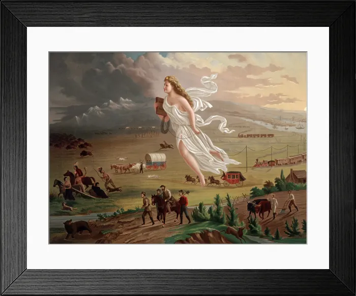 Framed Print : Westward ho! Allegorical female figure of Columbia leading pioneers and railroads westward while stringing telegraph wire across the plains