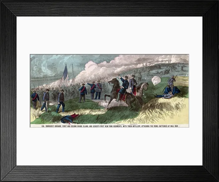Framed Print : Civil War. Col. Burnside's brigade, First and Second Rhode Island, and Seventy-First New York Regiments, with their artillery, attacking the Rebel batteries at Bull Run Framed Print : Civil War. Col. Burnside's brigade, First and Second Rhode Island, and Seventy-First New York Regiments, with their artillery, attacking the Rebel batteries at Bull Run