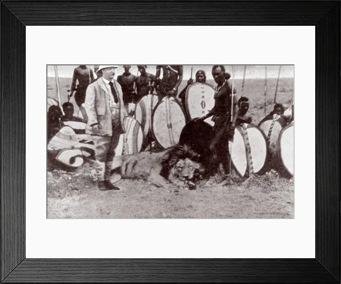 Framed Print : President Theodore Roosevelt (front left), with native beaters and lion killed with spear, original title: President Theodore Roosevelt in Africa Framed Print : President Theodore Roosevelt (front left), with native beaters and lion killed with spear, original title: President Theodore Roosevelt in Africa